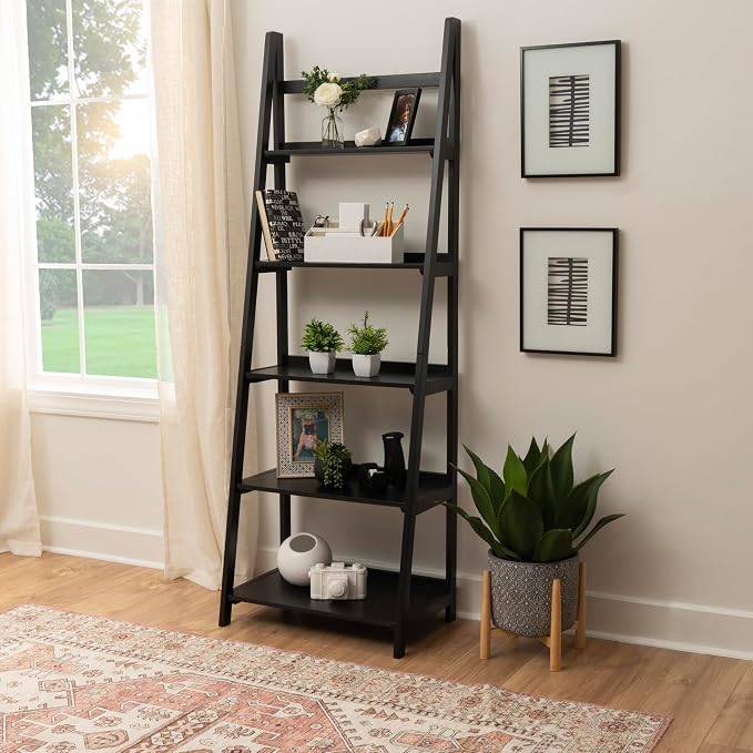 Linon Melissa Black Wooden Five Shelf Ladder Bookcase