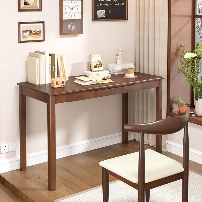 Solid Wood Desk with Drawers - 47 x 22 Inch Vintage Desks, Mid Century Modern Desks, Rubber Wood Study Table, Writing Desk with Drawers for Bedroom|Any Spaces - Walnut Color