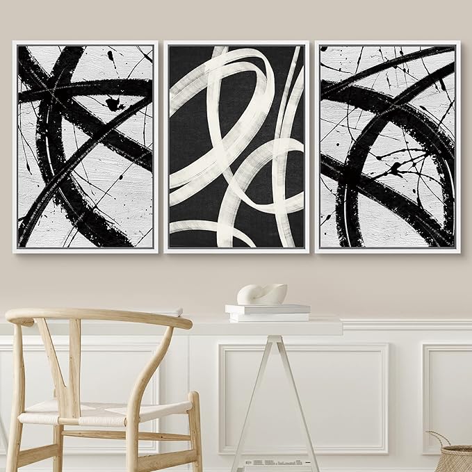 SIGNWIN Framed Canvas Print Wall Art Set Geometric Duotone Ring Landscape Graffiti & Street Art Abstract Illustrations Modern Art Decorative Nordic for Living Room, Bedroom, Office - 16"x24"x3 White