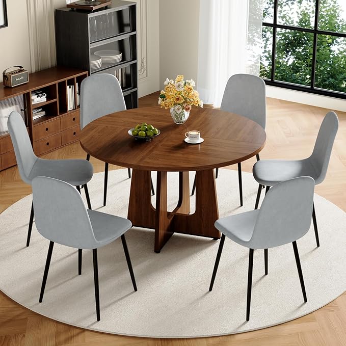 47" Round Dining Table Set for 6, Walnut Wood Grain Table and 6 Light Gray Linen Upholstered Chairs Set, Mid Century Modern Kitchen Table Set with Cross Legs