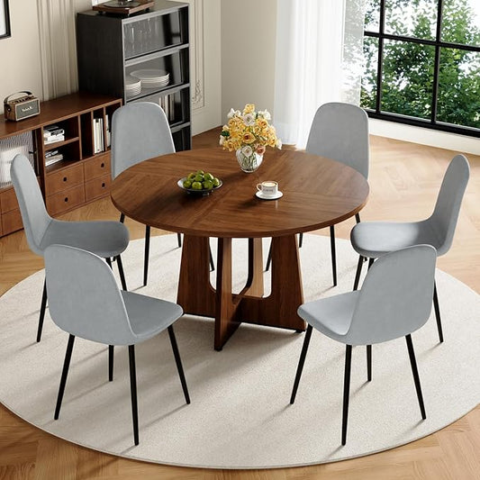 47" Round Dining Table Set for 6, Walnut Wood Grain Table and 6 Light Gray Linen Upholstered Chairs Set, Mid Century Modern Kitchen Table Set with Cross Legs
