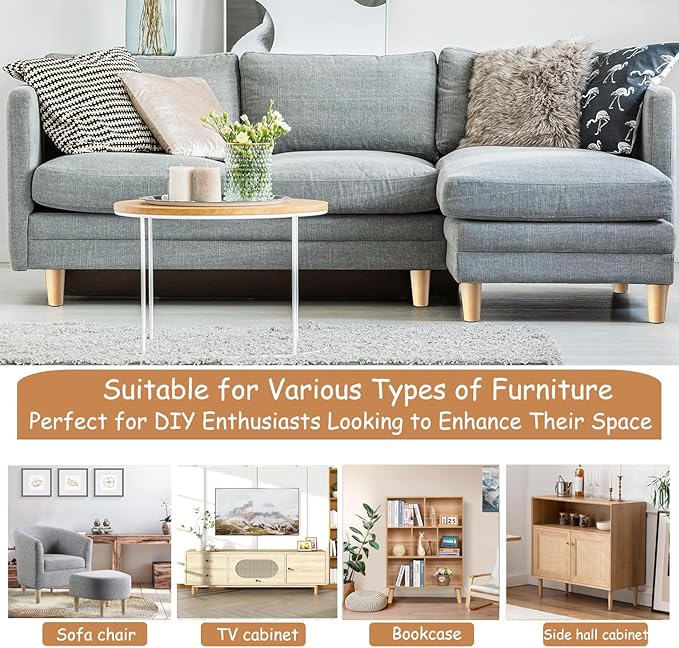 6 Inches Round Solid Wood Furniture Legs Set of 4, Natural Wooden Replacement Feet with Threaded 5/16'' Hanger Bolts for Sofa, Couch, Armchair, Cabinet, TV Stand, Ottoman and Dresser