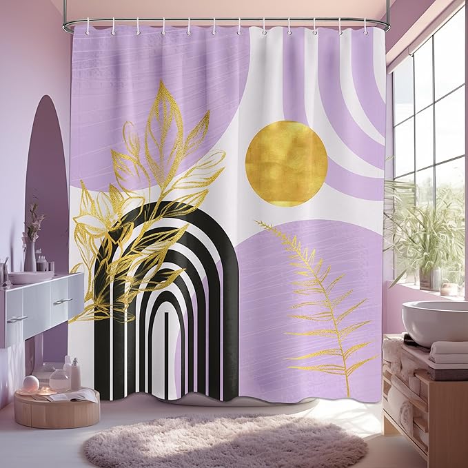 Mid Century Modern Black and Purple Shower Curtain Boho Lavender Light Purple and Gold Shower Curtains for Girls Bathroom Decor Sets, Waterproof Cloth Fabric with Hooks, 60x72in