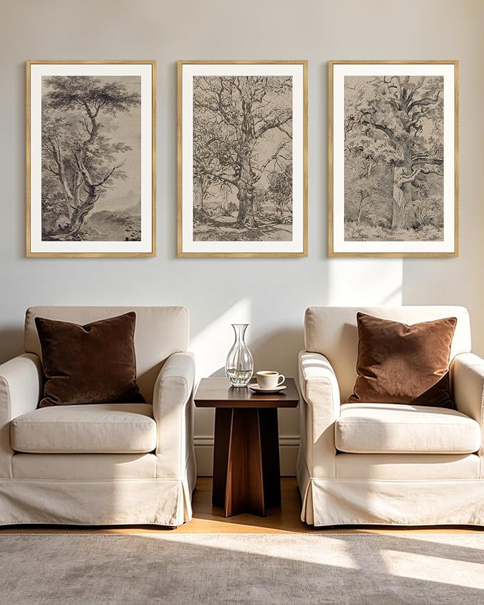 KUVIOKE Vintage Tree Framed Wall Art Retro Antique Forest Drawings Nature Wilderness Sketch Wall Painting Modern Decor 24x36in (Natural Framed)