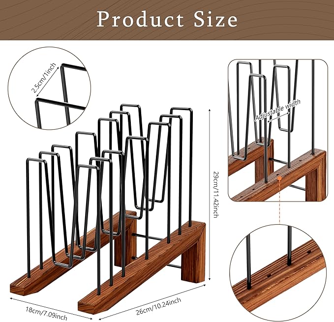 TREWAVE Inclined File Organizer for Desk, Adjustable 7-Section Vertical Desk File Organizer with Wooden Base, Metal Desktop Paper Folder Holder for Office, Home, Classroom and School Workspace