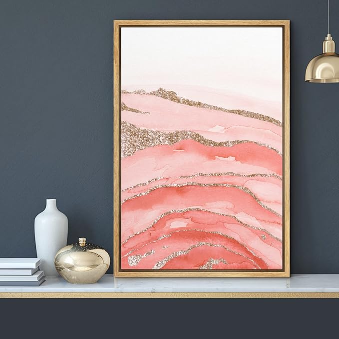 MUDECOR Framed Canvas Print Wall Art Coral Pink Watercolor Gradient Blots Lined with Gold Abstract Shapes Illustrations Modern Art Bohemian Colorful for Living Room, Bedroom, Office - 24"x36" Natural