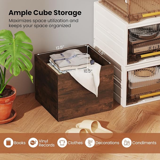 Giantex 2-Cube Bookcase, Stackable Cube Storage Organizer w/Open Bookshelf, Wooden Display Shelving Unit for Small Space, DIY Modular Cubby Storage System for Home, Study, Living Room, Rustic Brown