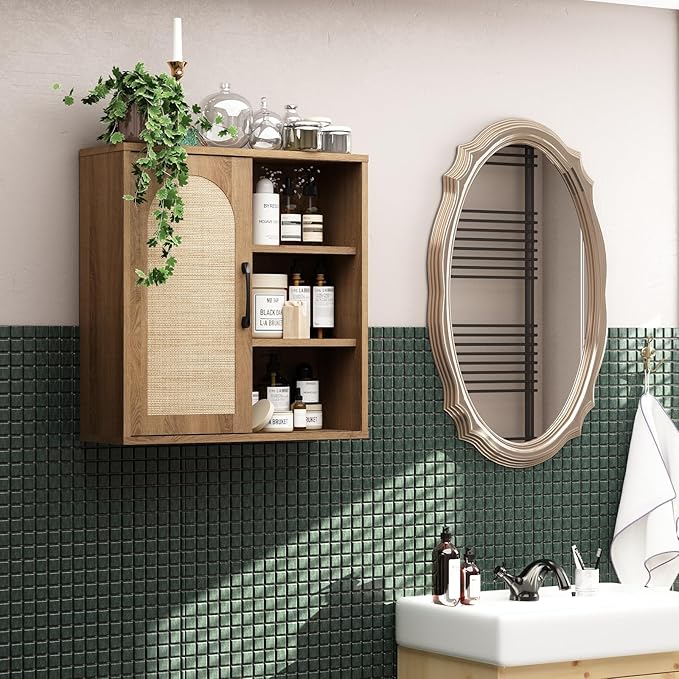 RUSTOWN Boho Rattan Wall Cabinet, Midcentury Bathroom Cabinet with Sliding Door, Adjustable Shelves, Over The Toilet Storage Cabinet (Rustic Oak)