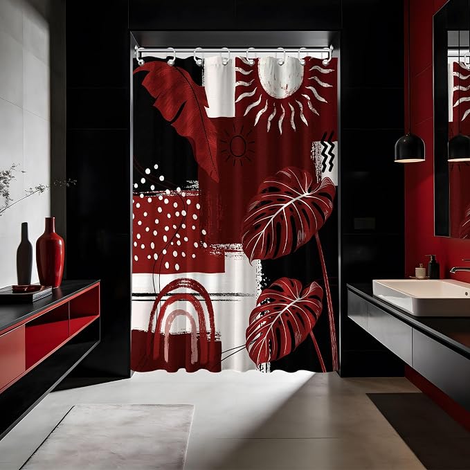 Small Stall Narrow Shower Curtain Black and Red Stand Up Burgundy Abstract Monstera Shower Curtains for Rv Camper Bathroom Decor Sets, Waterproof Cloth Fabric with Hooks, 36 x 72 Inch