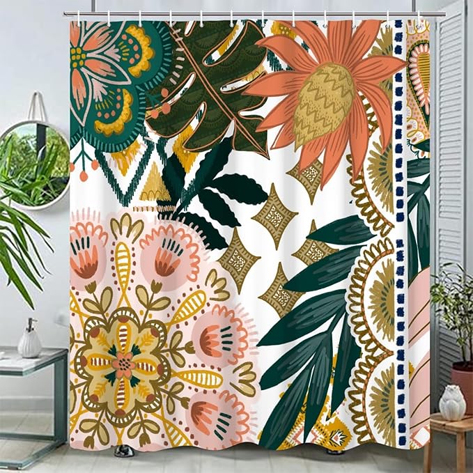 Bohemian Floral Bathroom Shower Curtain - Colorful Boho Leaves Flowers With Hooks, Polyester Waterproof Fabric, Paisley Unique Trendy Woman Decor, 72x78 Inch