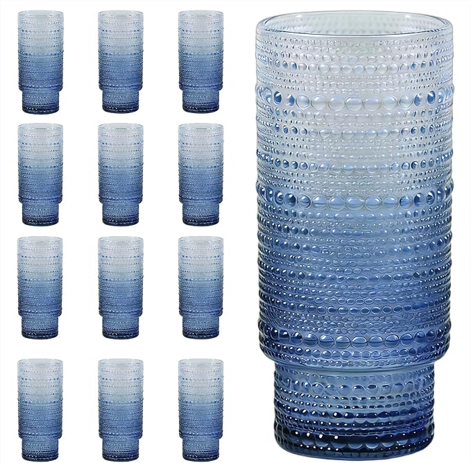 Large Capacity 16 oz Hobnail Drinking Glasses Set of 12, Vintage Glassware Drinking Glasses, Gray-blue Water Glasses Tumbler, Cups for Kitchen, Juice, Beer, Cocktail, Whiskey