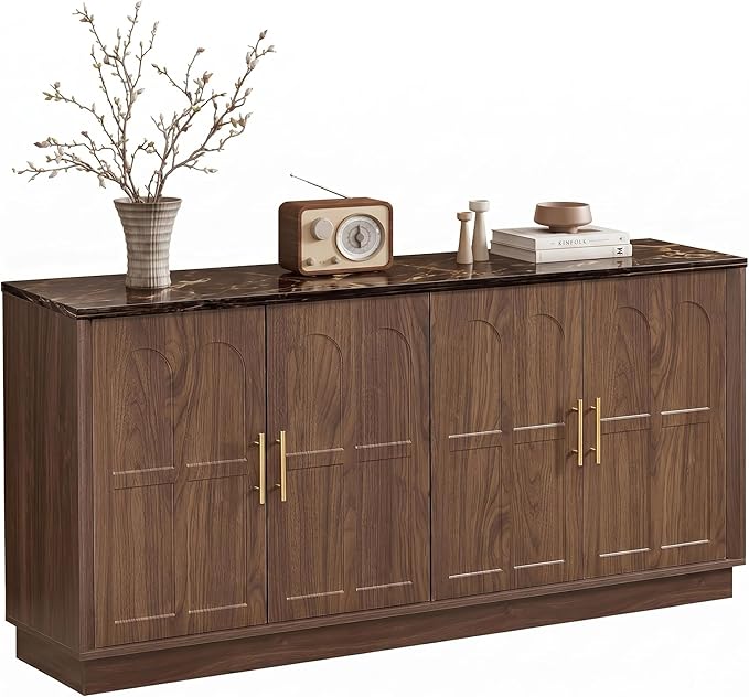 66.5" Sideboard Buffet Cabinet with Storage, Modern Credenza with Faux Marble Top & Arched Doors, Large Wood Accent Cabinet for Living Room, Kitchen, Entryway