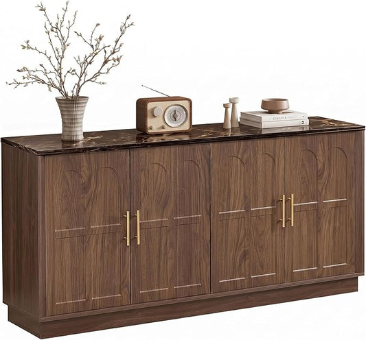 66.5" Sideboard Buffet Cabinet with Storage, Modern Credenza with Faux Marble Top & Arched Doors, Large Wood Accent Cabinet for Living Room, Kitchen, Entryway