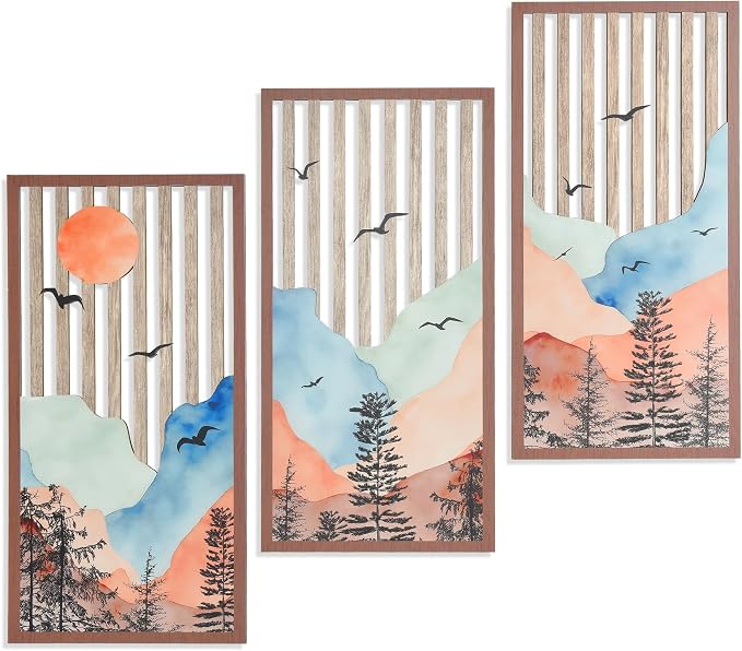 Rustic Forest Mountain Wall Art Set of 3 - Nature Inspired Wood Wall Decor Panels for Living Room, Bedroom, Cabin & Office - Minimalist Landscape Pictures of Nature (Landscape - 15.7 x 7.87 inch)