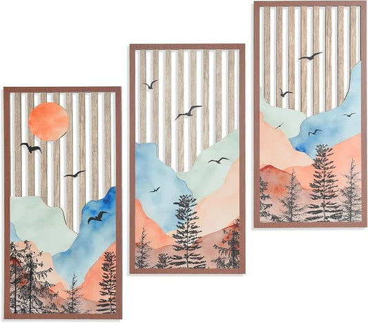 Rustic Forest Mountain Wall Art Set of 3 - Nature Inspired Wood Wall Decor Panels for Living Room, Bedroom, Cabin & Office - Minimalist Landscape Pictures of Nature (Landscape - 15.7 x 7.87 inch)