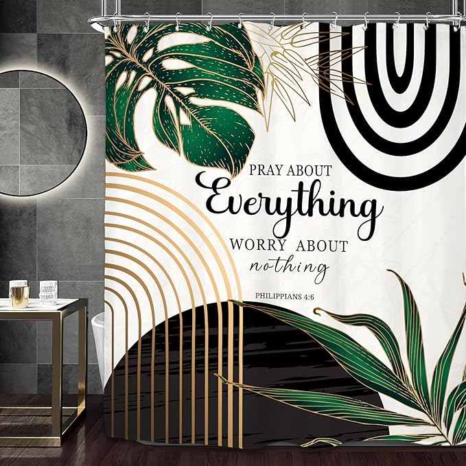 Miyotaa Abstract Minimalist Bible Shower Curtain Set 60Wx71H Inches Emerald Green Aesthetic Modern Quotes Inspirational Motivational Plant Leaves Waterproof Bathroom Curtain with 12 Hooks