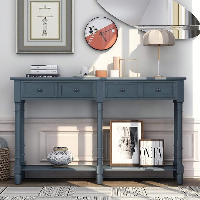 Merax Retro Console Table Sofa Table for Entryway with Drawers and Shelf Living Room Table (Antique Navy)