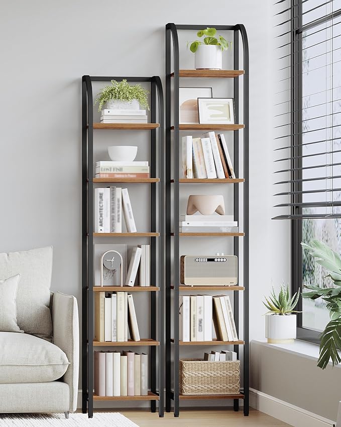Hzuaneri Bookshelf Narrow Bookcase, Tall Storage Rack with Steel Frame, Display Standing Shelf Unit, Skinny Book Shelf for Study Living Room, Home Office, Industrial, 7-Tier Rustic Brown BC57701B