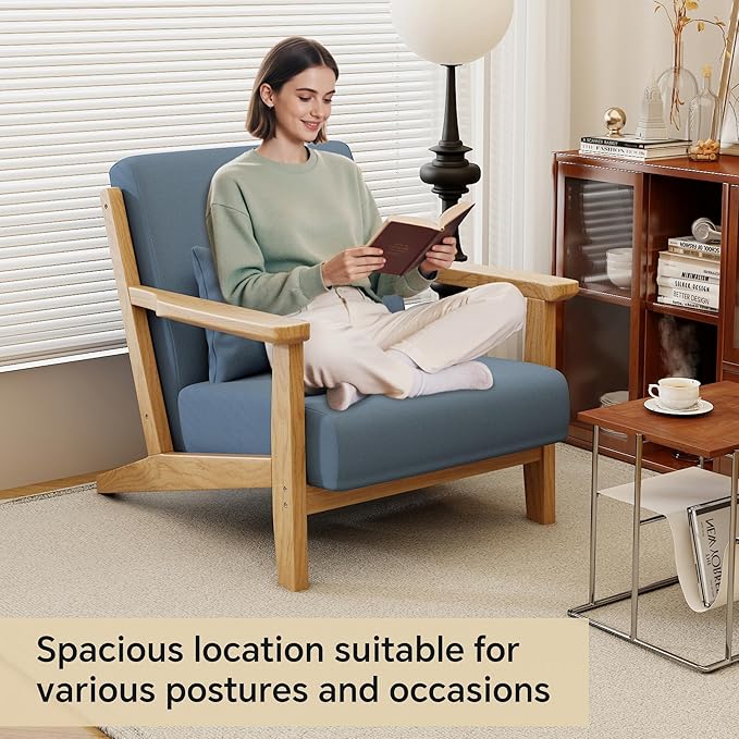 Solid Wood Accent Chair Mid-Century Modern Lounge Armchairs, Fabric Upholstered Soft Comfy Living Room Chairs with Armrest Waist Cushion Pillow for Office Reading Waiting Room (Blue)