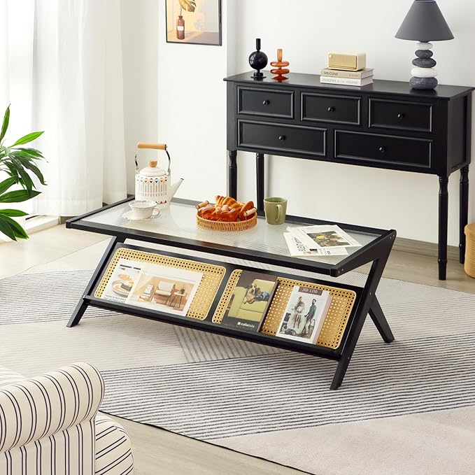 Bamboo Coffee Table, Accent Rattan Coffee Table with Glass Top, Mid-Century Wooden Center Tables, Modern Sofa Side Tea Tables with Storage for Living Room, Black
