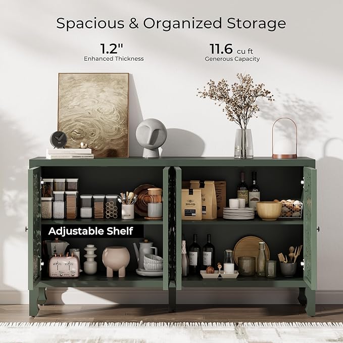 Buffet Cabinet with Storage, Accent Cabinet with 4 Carved Doors, Solid Wood Sideboard with Adjustable Shelf, Vintage Cabinets for Kitchen, Living Room, Entryway, Green