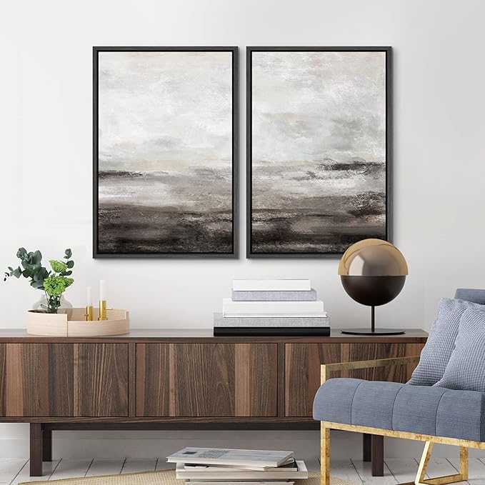 MUDECOR Framed Wall Art Print Set Brown and Gray Grunge Paint Stroke Landscape Abstract Shapes Illustrations Modern Minimalist Chic Relax/Calm for Living Room, Bedroom, Office - 24"x36"x2 Black