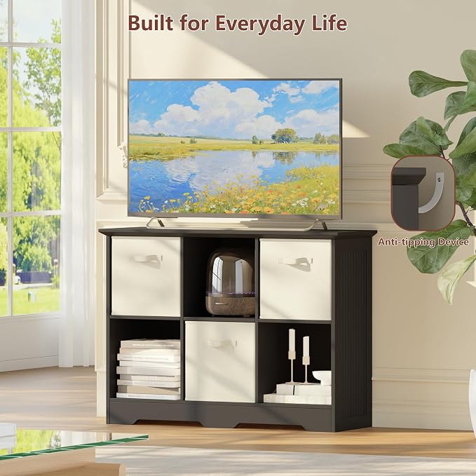 VORONOI 6 Cube Storage Organizer with 3 Fabric Drawers and Removable Shelves — Modular Cube Bookshelf for Bedroom, Living Room, or Home Office, Short Cube Bookcase for Toys, Decor,Black