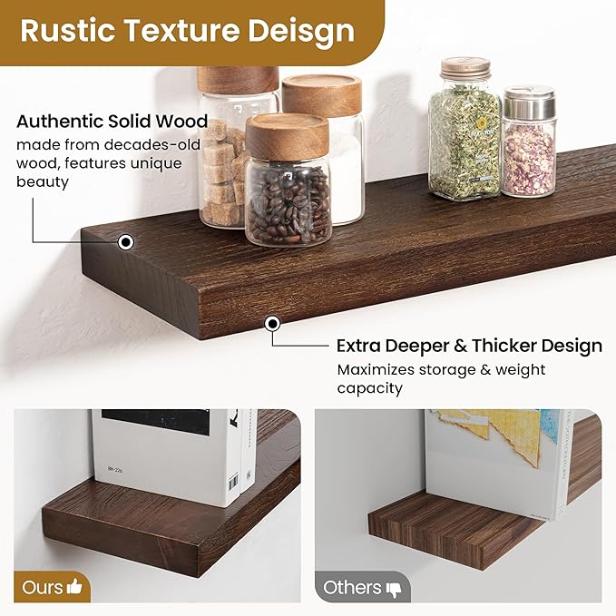 RICHFOCUS Rustic Wooden Floating Shelves for Wall - 55 Inch Wood Shelves Set of 2-7.9 Inch Deep Solid Paulownia Wood Wall Mounted Shelves with Upgraded Metal Brackets for Room Decor, Mahogany