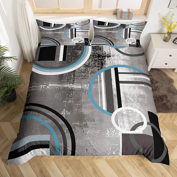 Erosebridal Geometric Circles Comforter Cover Full,Black Gray Duvet Cover for Kids Boys Girls Teens,Grunge Watercolor Bedding Set,Swirls Stripe Bedspread Cover Bedroom Decor 3Pcs with 2 Pillow Cases