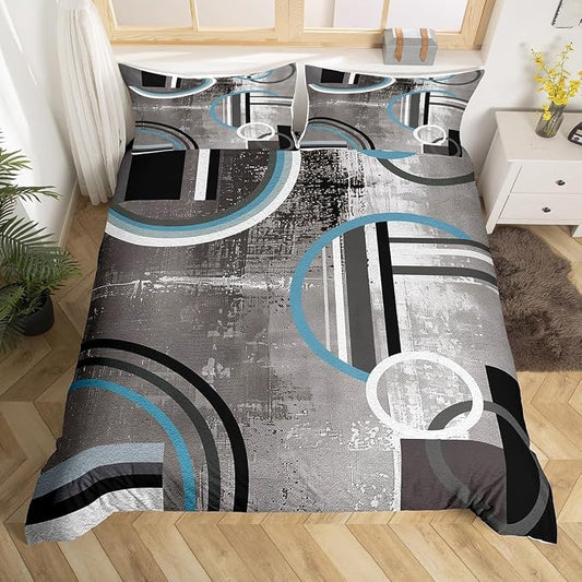 Erosebridal Geometric Circles Comforter Cover Queen,Black Gray Duvet Cover for Kids Boys Girls Teens,Grunge Watercolor Bedding Set,Swirls Stripe Bedspread Cover Bedroom Decor 3Pcs with 2 Pillow Cases