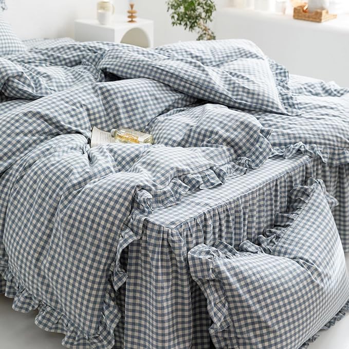 mixinni Blue White Gingham Ruffle Duvet Cover Twin XL Size 3 Pieces – 100% Washed Cotton, Vintage Plaid Ruffled Bedding Set with Zipper Ties, Soft Checkered Grid Farmhouse Chic Comforter Cover Set
