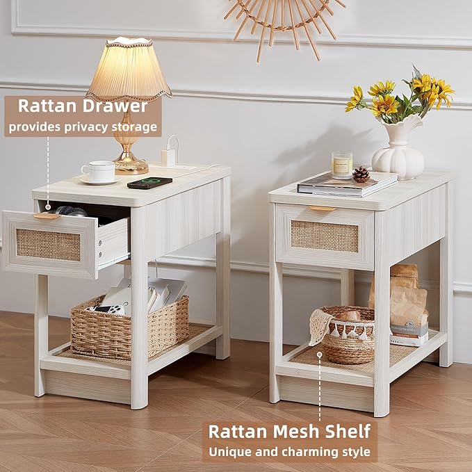 Lerliuo Narrow Night Stand with Charging Station, Boho Nightstand with Drawer, Bed Side End Table with Rattan Shelf for Small Spaces, Wood Nightstands Bedside Tables for Living Room Bedroom