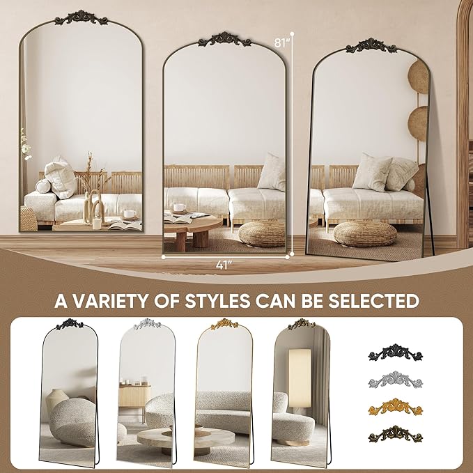 Antok Arched Full Length Mirror, 81"x41" Floor Mirror with Carved, Full Body Mirrors for HomeDecor, Standing/Halling Large Wall Mirror for Bedroom, Living Room, Cloakroom, Bronze, Retro Style