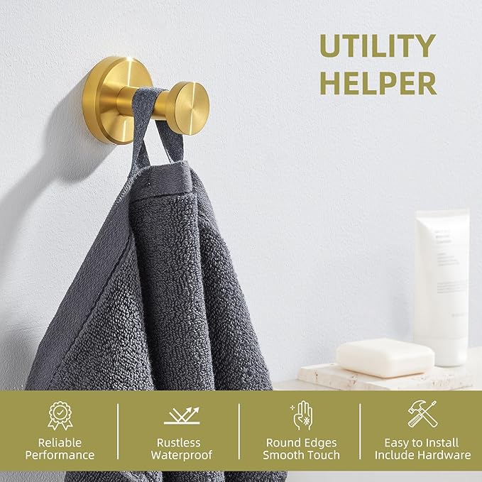 Angle Simple Robe and Towel Hook, SUS304 Stainless Steel Bathroom Robe Hook, Small Towel Hanger for Wall or Cabinet, Brushed Dark Gold