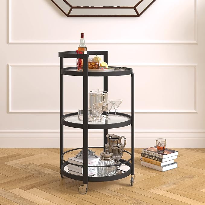 Henn&Hart 21" Modern Round 3-Tier Portable Bar Cart Home Bar Serving Cart for Home with Glass Shelves, Handle, and Caster Wheels for Dining Room, Living Room, or Kitchen, Black