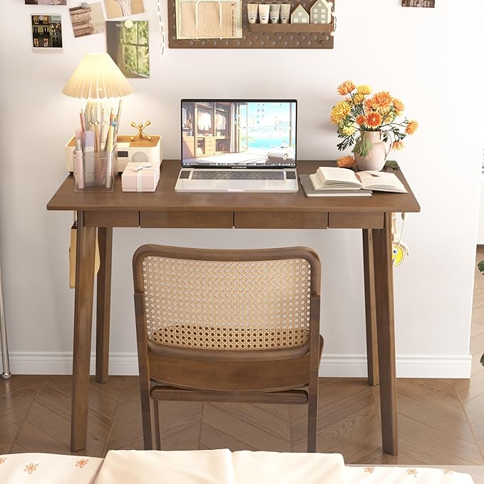 Solid Wood Desk with Drawers - 39 x 16 Inch Modern Narrow Desks, Rubber Wood Study Table, Small Writing Desk for Small Spaces|Bedroom - Black Desks