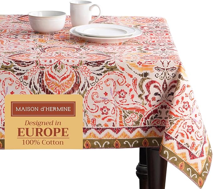 Maison d' Hermine Table Cloth Rectangle Table 100% Cotton 54 x 72 Inches Fall Tablecloth Reusable Everyday Use for Thanksgiving Christmas Decorations Dining Farmhouse Party (Damask)