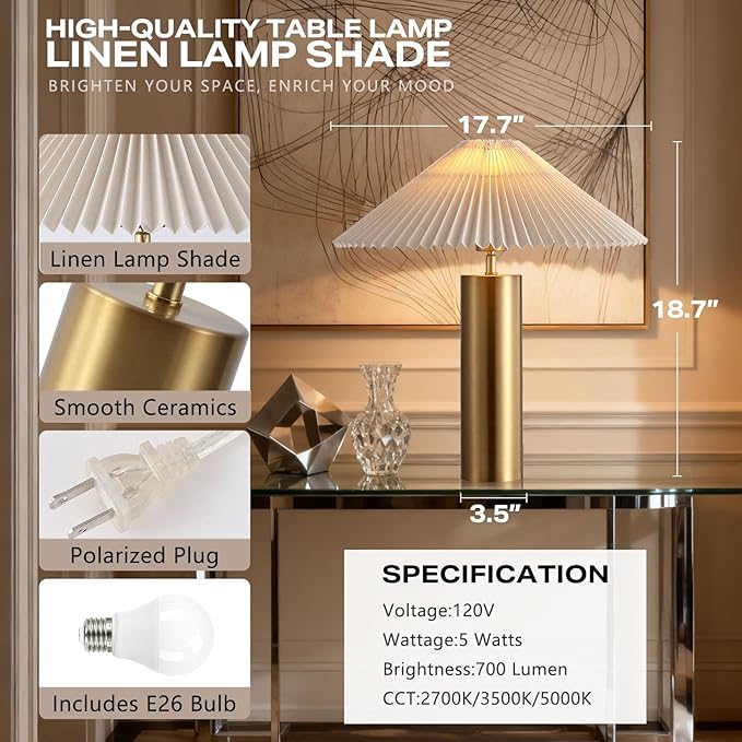 Modern Table Lamp with Metal Blade Lampshade and Cylindrical Base, E26 Bulb Compatible, Contemporary Accent Light for Living Room, Bedroom, Office (Gold)