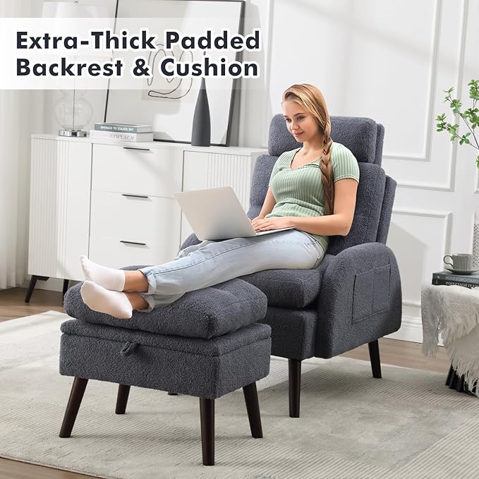HCHAIRH Accent Chair with Ottoman, Comfy Reading Chair with Ottoman Set, Modern Oversized Velvet Lounge Armchair with Adjustable Backrest for Living Room Bedroom (Teddy Blue Grey)