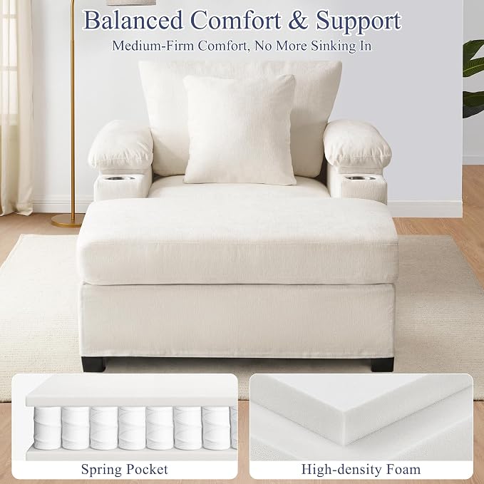 SUNWAVE 58" Chaise Lounge Chair with Ottoman, Chenille Fabric Sofa Bed, Accent Chair with Cupholders & USB Charging Ports for Living Room, Bedroom, Apartment (1 Chaise Ivory)
