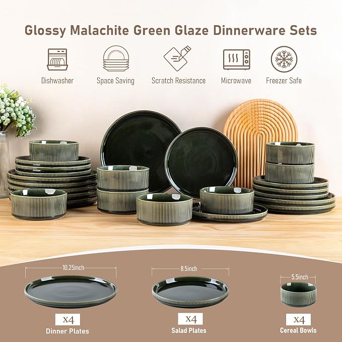 GBHOME 12-Piece Stoneware Dinnerware Set for 4 – Ribbed Ceramic Plates and Bowls, Scratch-Resistant, Microwave & Dishwasher Safe, Reactive Glaze, Mossed Jade