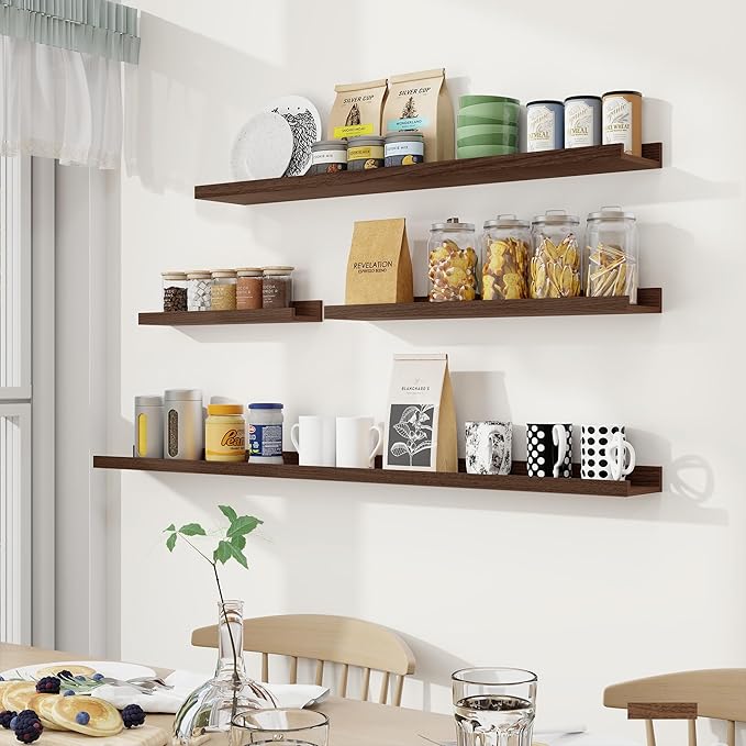 Fun Memories Picture Ledge Shelf, 48 Inch Long Floating Shelves Set of 6, Picture Shelf for Wall with Lip, Large Nursery Book Shelves for Storage, Wall Shelves for Living Room Bedroom Kitchen, Walnut