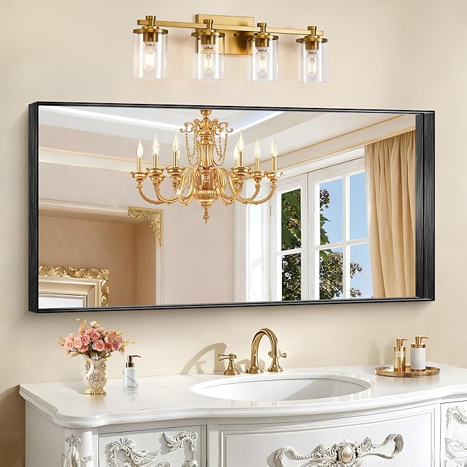 CIRCUMI Black Bathroom Mirror, 24"x48" Rectangular Mirror with Deep Metal Frame, Brushed Finish, Tempered Glass, Large Mirror for Wall, Over 2 Sinks, Installed Vertically/Horizontally, Crystal-Clear