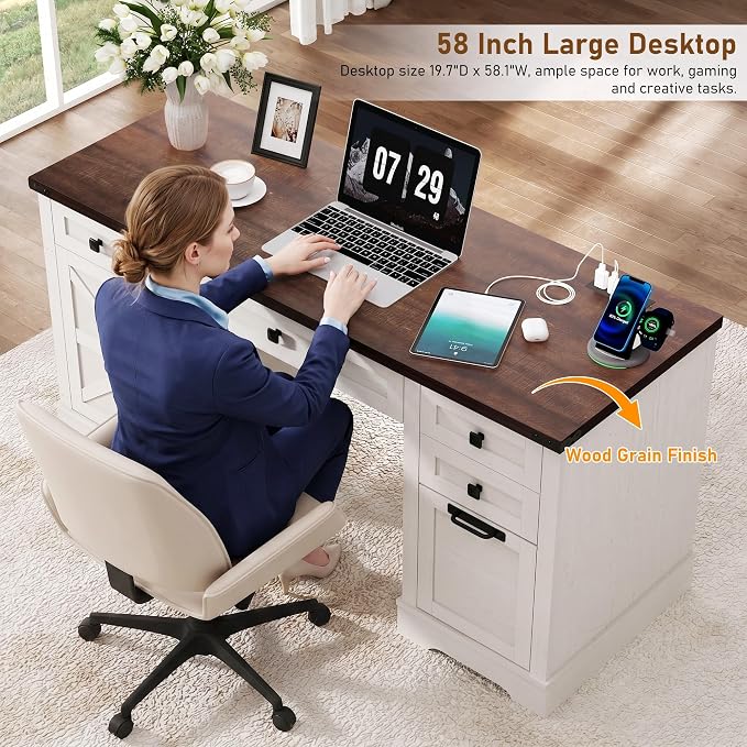 Squireewo 58'' Farmhouse Home Office Desk with Drawers, Wooden Executive Desk with Charging Station, File Drawers and Storage Cabinet, Computer Desk for Work, Study and Writing, Rustic White