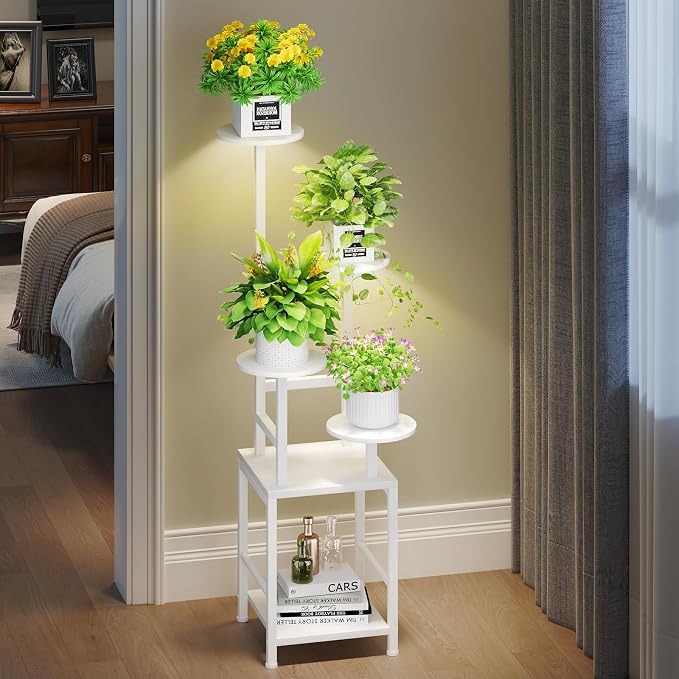 Homsorout Plant Stand Indoor with Grow Light, 5-Tiered Tall Plant Stand Indoor, Metal Plant Shelf with Adjustable Light, Ideal for Living Room, Garden, Round Patio white