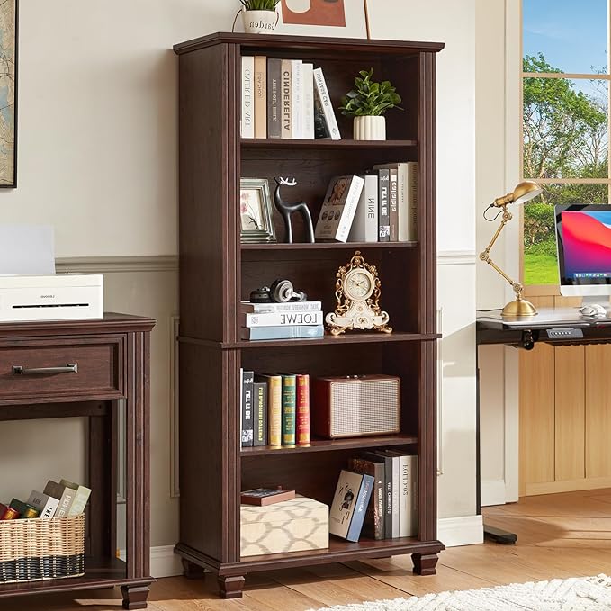 SAVOR LIFE 70" Tall Walnut Bookshelf,5 Tier Wooden Book Shelf with Adjustable Shelves & Wood Legs,Free Standing Farmhouse Bookcase with Open Display Storage,Vintage Bookshelves for Classroom, Office