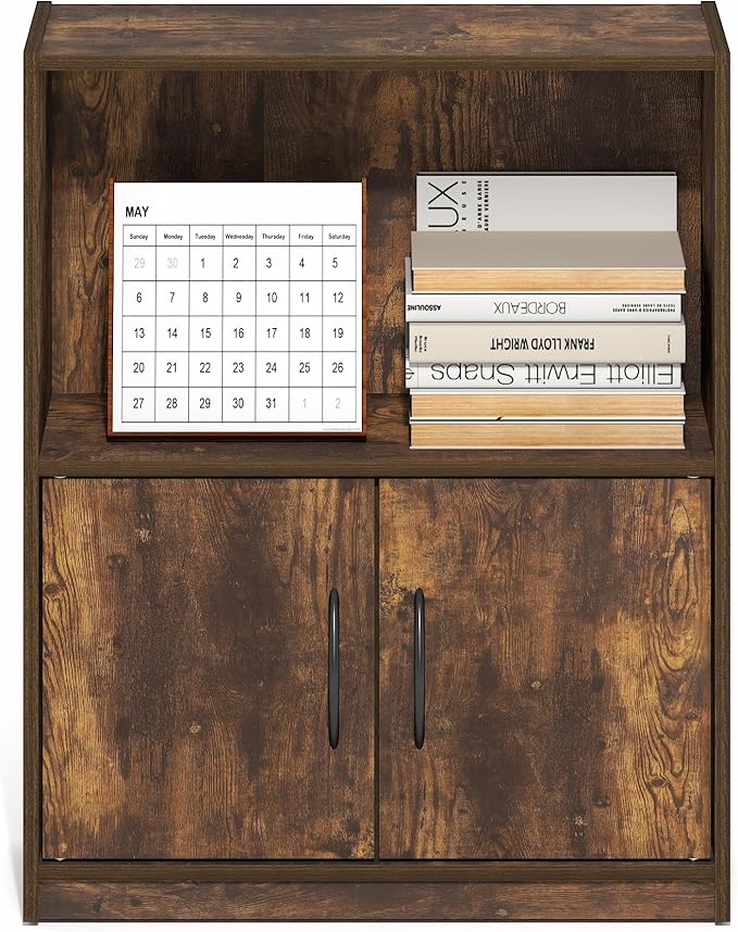 Furinno Gruen Book Shelf, 2-Tier Small Bookshelf, Bookcase with Open Shelf and Doors Storage Cabinet, 9.3 x 21.8 x 27, for Organization and Storage, for Living Room, Bedroom, Home Office, Amber Pine