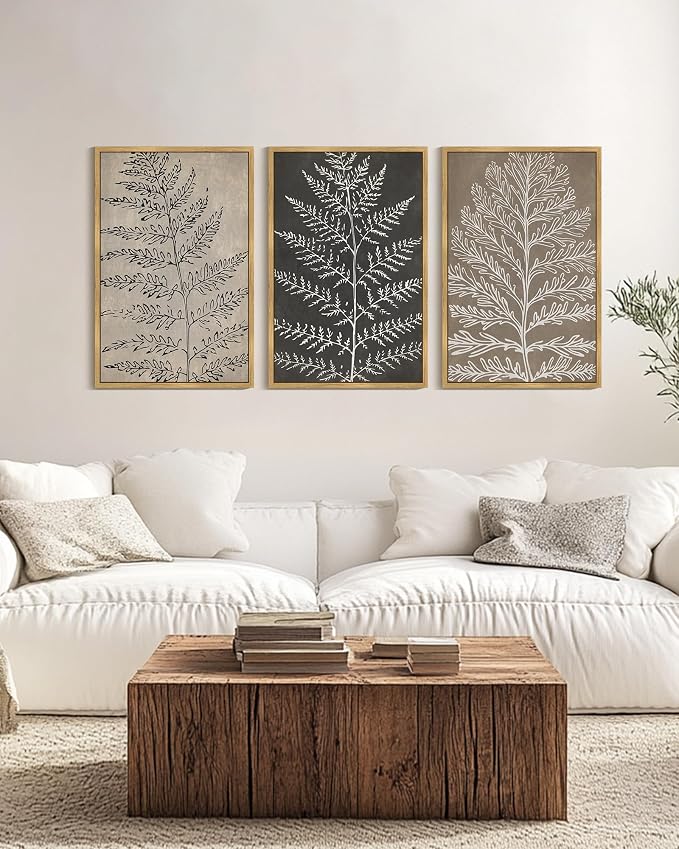 KUVIOKE Vintage Botanical Framed Wall Art Bohemian Black Tan Plant Leaf Wall Decor Nature Fern Plant Silhouette Wall Painting for Living Room Bedroom 24x36in (Natural Framed)