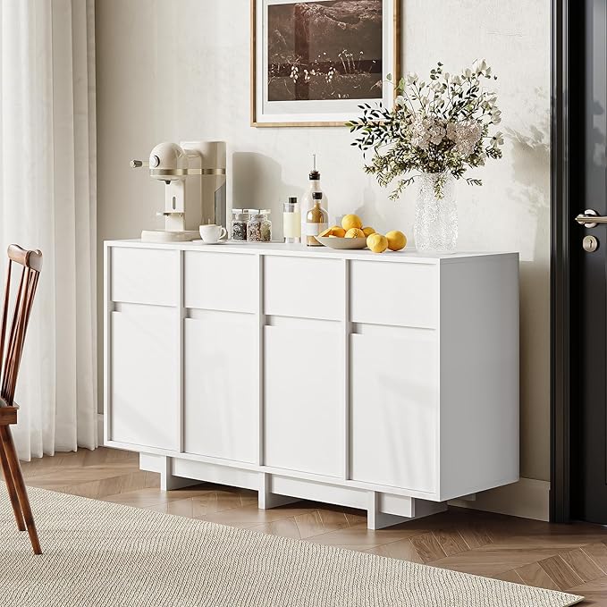CHUWELL 55" Sideboard Buffet Cabinet with 4 Sliding Doors and 4 Drawers,Minimalist Linear Design & Handleless Design,Side Board with Adjustable Shelf for Living Room,White