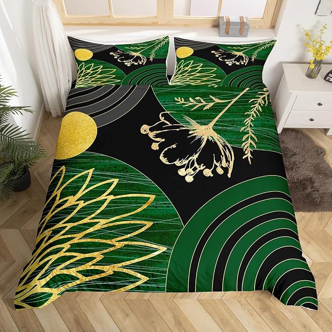 Mid Century Modern Duvet Cover Toddler Size for Kids Teens Adults - Green and Black Abstract Comforter Cover Boho Minimalist Aesthetic Bedding Set Chic Modern Geometric Bohemian Floral Bed Set